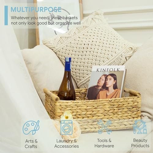 VATIMA Hyacinth Large Wicker Basket 15.5x10.8x6.2" - Rectangular, Wooden Handles, Shelf Organizer - color: Water Hyacinth, size: Large (15.5"L x 10.8"W x 6.2"H)