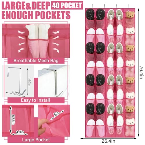 Windyun 40 Over the Door Shoe Organizer Large Mesh Pocket Hanging Shoe Rack for Closet Rose Red Nonslip Behind Door Storage Holder Back to School Organizer for Dorm Room College Classroom Storage - color: Rose Red