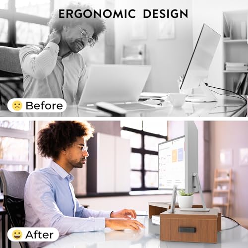 BONTEC Dual Monitor Stand Riser with Smartphone Holder, Adjustable Length & Swivel Angle, Ergonomic Wooden Desktop Organizer for PC Monitor, Laptop, Printer, Large Storage, Walnut - color: Walnut