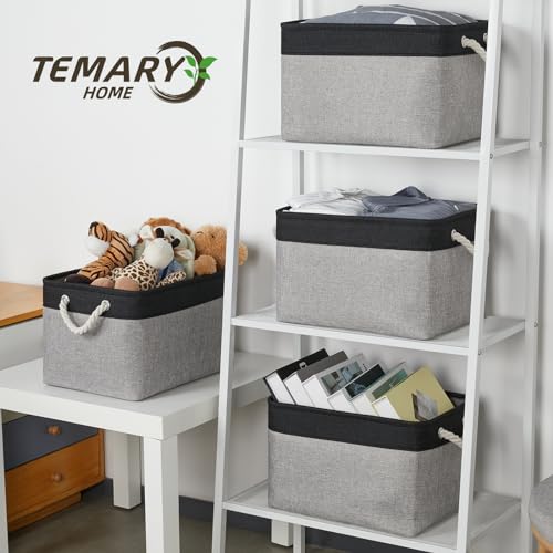 Temary Fabric Storage Baskets 4Pack Storage Bins Decorative Basket for Gift, Clothes Bin with Rope Handle, Rectangle Baskets for Storage, Blankets(Black&Gray,15x11x9.5 inch) - color: black&grey, size: 15"L x 11"W x 9.5"H