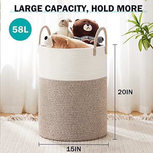 YOUDENOVA Woven Rope Laundry Hamper Basket, 58L Tall Laundry Basket, Baby Nursery Hamper for Blanket Storage in Bedroom-Large-Brown - color: White&Brown, size: Tall (58L )