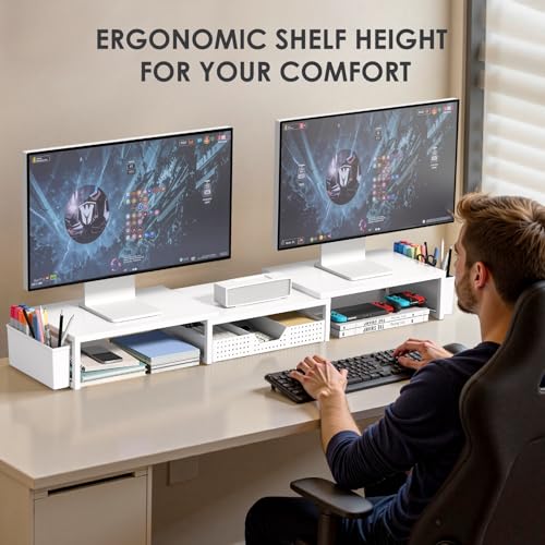 OPNICE Desk Organizers and Accessories, Dual Monitor Stand Riser with Drawer and 2 Pen Holders, Desk Shelf Metal Computer Racks for Office Workspace Organizers, Desktop Organization (White Metal) - color: White Metal, size: With drawer and pen holder