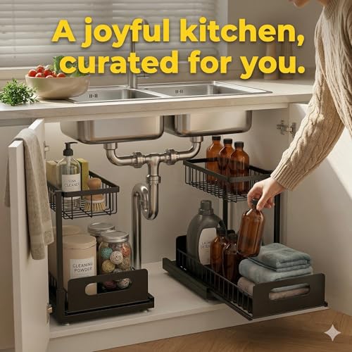 Under Sink Organizer 2 Tier, Pull Out Drawer Slides Under Sink Storage for Bathroom Kitchen,Multi-Purpose Drawer Under Cabinet Organizer for Cleaning Supplies (Black, 2 Pack) - color: Black, size: 2 Pack