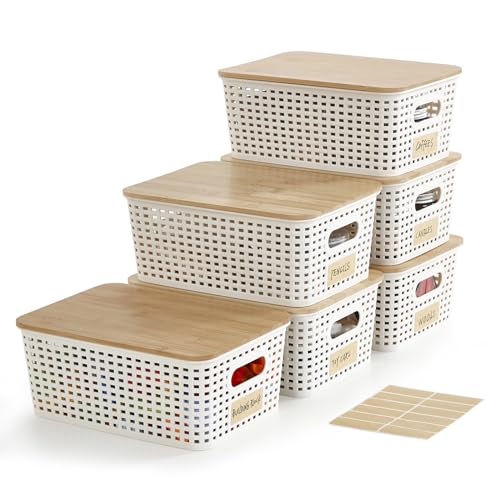 Bagnizer Small Plastic Storage Bins with Bamboo Lids 5.2qt Stackable Box Basket Pantry Decorative Containers Cute with Labels for Organizing Desktop Closet Office Cream White of 6 packs 10*7.2*4.1" - color: Cream White, size: Small- 6 Pack