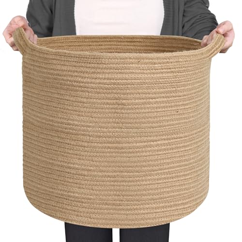 MEGASKET Large Wicker Storage Basket, 16" x 14" Jute Woven Basket with Handle, Living Room Blanket Storage, Big Wicker Laundry Basket, Kids Toy Bin Box Organizer, Decorative Round Baskets for Decor - color: Jute