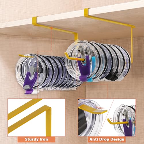 2 Pack Tumbler Lid Organizer, Horizontal Tumbler Lid Storage Hook Up to 20 Lids, Space Saving Cup Lid Holder Under Cabinet Tumbler Lid Hook for Kitchen Organizer, Paper Towel Hanger(Round&Flat, Gold) - color: Gold, size: 2 Pack(Round&Flat)