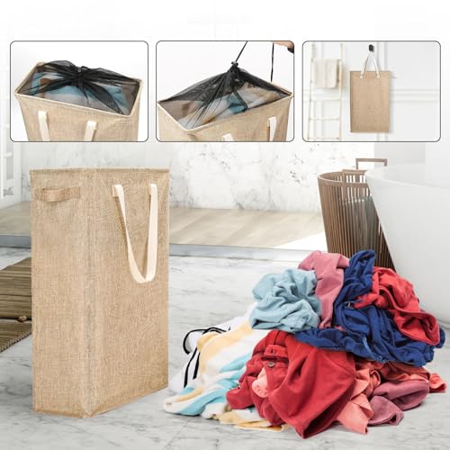 Odonata Slim Laundry Hamper Handles Collapsible Laundry Basket Thin Dirty Clothes Basket Narrow Laundry Bag Foldable Dirty Hamper 45L (Light Khaki) - color: Light Khaki