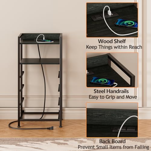 Furnulem Night Stand with Charging Station, Black Nightstand with Drawers and Led Light, Tall Dresser for Bedroom, Bedside Table with Fabric Storage Bins, Metal Frame, Wood Furniture - color: Black Oak, style: 4 Drawer