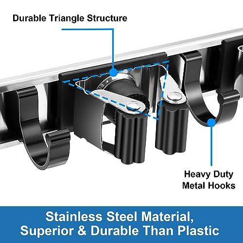 Piyl Mop and Broom Holder Wall Mount Metal Heavy Duty Utility Hooks Broom Organizer Garage Storage Systems Tool Racks for Home Laundry Garden Kitchen Organization (Black, 1 Pack 4R5H)