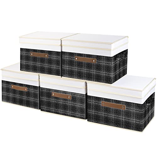 TYEERS Collapsible Storage Bins with Lids, Patchwork Design, Washable, Fabric Storage Boxes, 14.9x9.8x9.8 inches, 5 Pack, Black - color: Black & White, size: 5-pcs 14.9x9.8x9.8 in