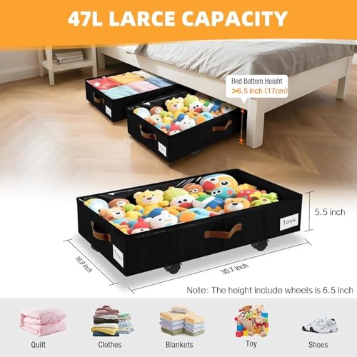 Under Bed Storage with Wheels,Underbed Storage with Sturdy Sidewalls/Bottom, Clear Cover, Label and PU Handle, Rolling Under Bed Drawers for Clothes, Shoes, 6.5 Inch Height,Black, 2 Pack - color: Black 2 Pack, size: 6.5 inch