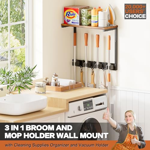 Broom Holder Wall Mount with Cleaning Supplies Organizer, Laundry Room Organization and Storage Shelves, Mop Hanger Broom Rack with Hooks, Home Improvement Kitchen Shelf Garage Organizer - size: Small