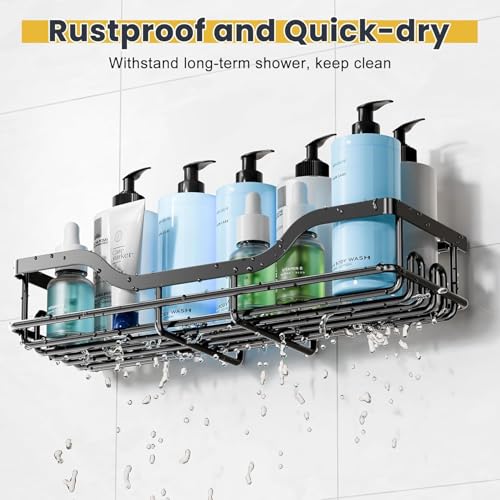 OMAIRA 3-Pack Shower Caddy with Soap Holder, Adhesive Rustproof No-drill Strudy Loading Inside Shower Organizer Shelves Rack Storage Bathroom Organization for Smooth Wall Glass Tile, Black (Large) - color: Black - Large