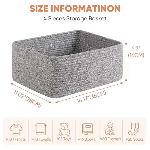 OIAHOMY 4 Pack 14.17 * 11.02 * 6.3IN Storage Baskets for Organizing Shelves, Woven Rope Baskets for Organizing Books, Clothes, Decorative Basket for Living Room, Nursery, Bedroom, Gift Basket, Grey - color: Grey