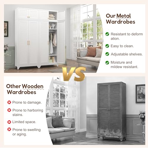 UNICOLY Armoire Wardrobe Closet with Doors, 86'' Wardrobe Cabinet with Hanging Rod, Metal Closet with 2 Adjustable Shelves for Bedroom School, Employee, Gym, White, Shipped in 2 Packages - color: White, size: 86 Inch Louvered Doors