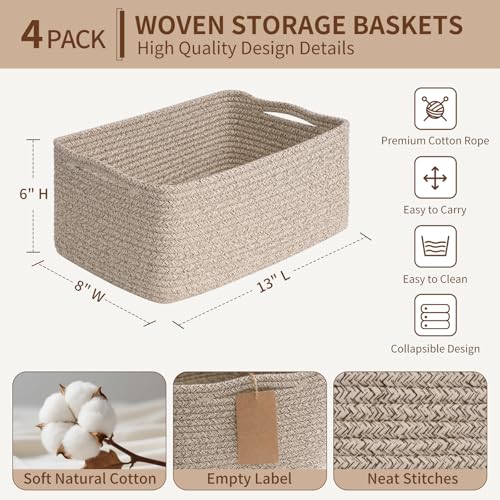 Goodpick 4 Pack Storage Baskets for Shelves, Rectangle Woven Baskets for Organizing, Closet Storage Bins with Handles, Decorative Toy Organizer Basket for Gifts, 13''L x 8''W x 6''H, Brown - color: Light Brown