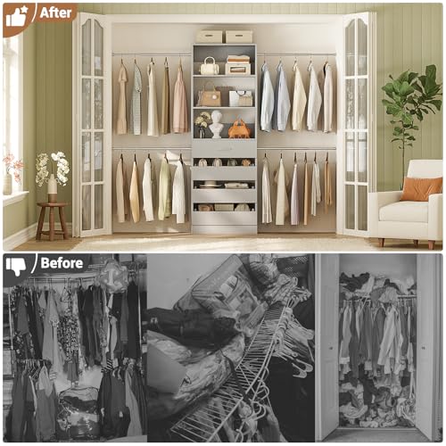 Aheaplus Closet System, 4-9Ft Closet Organizer with 4 Wooden Drawers, Wood Closet Organizer System with Tower, Walk-in Closet Organizer Wardrobe Garment Clothes Rack with 4 Hanging Rods, Grey - color: Grey