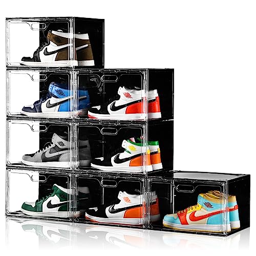 Amllas New 8 Pack Shoe Boxes Stackable, Large Shoe Storage Organizer with Lids,Drop Side Shoe Containers for Entryway,Sneaker Storage Fit up to US Size 13 for Men/Women(13’’x 10.6”x 8.3”) - color: Clear and Black