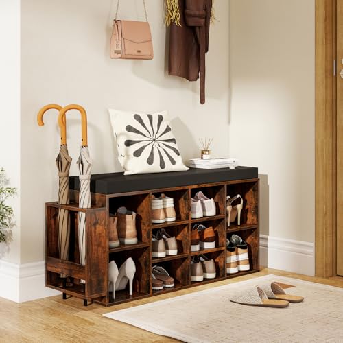 Giantex Shoe Storage Bench with Umbrella Stand, 10-Cubby Entryway Shoe Rack Organizer with Padded Seat, Adjustable & Removable Shelves for Hallway, Living Room & Bedroom (Rustic Brown) - color: Rustic Brown