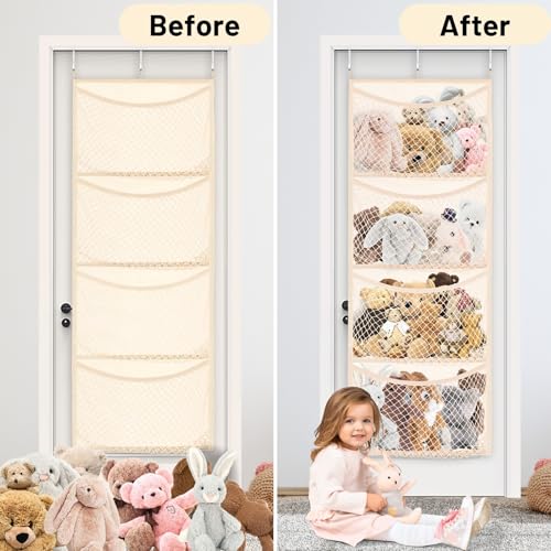 Wide Over The Door Stuffed Animal Storage, Cotton Toy Organizer for Plush Toys, Baby Supplies, Stuffed Animal Holder with 4 Large Pockets, Hanging Door Organizer for Nursery, Bedroom, Kids Room - color: Beige, size: Widen