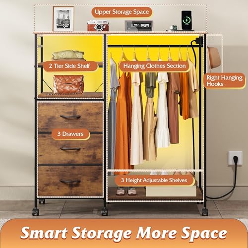 WLIVE Dresser with Hanging Rack for Bedroom, 3 Drawer Dresser with LED Lights & Charging Station, Fabric Dressers & Chest of Drawers, Storage Organizer with Open Shelves for Living Room, Brown - color: Rustic Brown Wood Grain Print