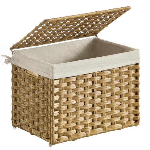 SONGMICS Storage Basket with Lid, Woven Blanket Storage Bin with Handles, Foldable, Removable Liner, Metal Frame, for Bedroom, Laundry Room, 9.2 Gallons (35 L), Natural URST040YE01 - color: Natural, size: 35 L