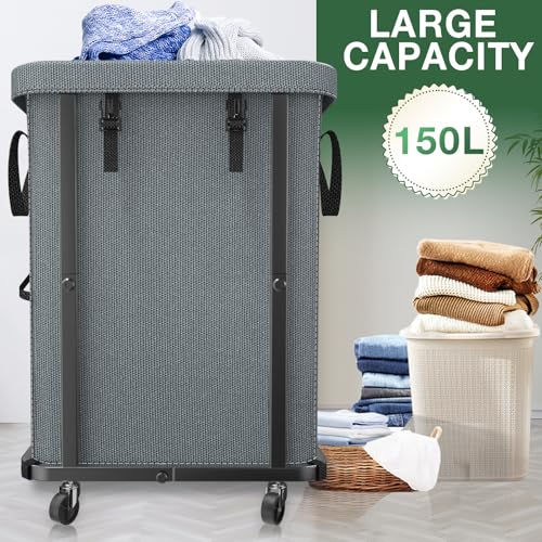 40 Gal(150L) High Grade Large Laundry Basket with Wheels, Rolling Laundry Hamper, Laundry Cart with Metal Frame and Removable Bag Design, Suitable for Laundry Room, Bedroom - color: Grey, size: 1 Section 150L