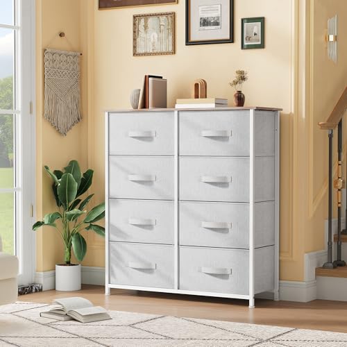 DWVO Fabric Dresser for Bedroom, Tall Dresser with 8 Drawers, Storage Tower with Fabric Bins, Chest of Drawers for Closet & Living Room - Sturdy Steel Frame, Wooden Top - color: Cool Grey, style: 8-Drawer
