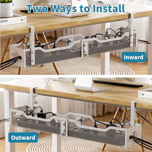 Under Desk Cable Management Tray White, Litwaro Cable Management Under Desk No Drill, 25'' Cable Tray with Clamp for Wire Management, Cord Organizer for Office, Home - No Damage to Table - color: White, size: 25"