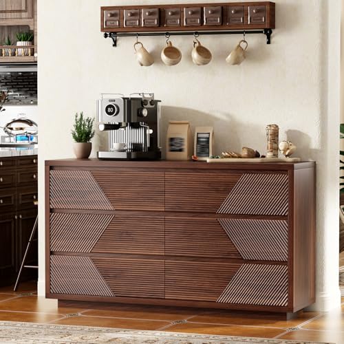 Ieejdn 55.12" Modern Chest of Drawer, 6 Deep Drawers,Clothes Organizer,Large Storage Cabinet for Living Room, Bedroom,Dresser TV Stand, Wood Drawer Organizer for Living Room, Hallway, Umber