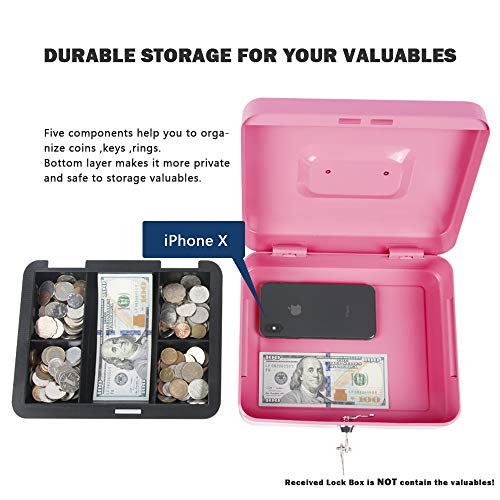 KYODOLED Large Metal Cash Box with Money Tray and Lock,Money Box with Cash Tray,Cash Drawer,9.84"x 7.87"x 3.54" Pink Large - color: Pink, size: Large