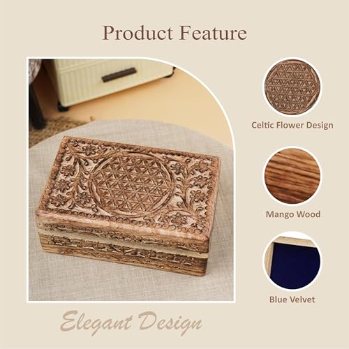 Ajuny Wooden Hand Carved Jewelry Box - Mango Wood Celtic Flower Carving Decorative Keepsake Box, Memory Box Organizer Travel Treasure Chest Trinket Holder Case Great Gifts 8x5 Inch - style: Celtic Flower