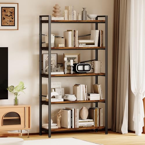 5 Tier Bookshelf 31.49" Width, Tall Book Shelf Storage and Organization, Wooden and Metal Industrial Bookcase, Large Book Shelves for Home Living Room Bedroom Office Storage(Vintage) - color: Vintage, size: 5 Tier - 31.5" W