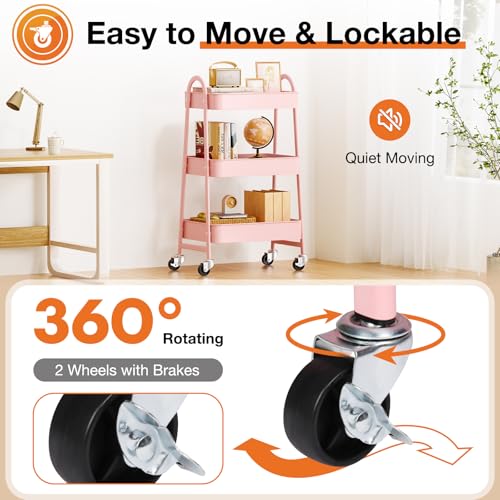 NEWBULIG 3-Tier Rolling Utility Cart with Locking Wheels, Slim Metal Mobile Storage Organizer Shelf for Small Spaces, Bathroom, Living Room, Pink - color: Pink, size: 3-Tiers