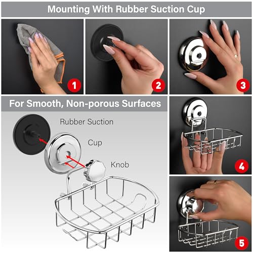 HASKO Suction Cup Soap Dish for Shower Wall, Rustproof Stainless Steel Shower Soap Holder for Bathroom with Hooks and Soap Saver, Includes Optional No Drill Adhesive Mount, Silver - color: Silver
