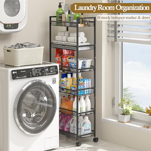 6 Tier Slim Rolling Storage Cart, Narrow Mobile Shelving Unit Organizer Utility Cart with Wheels, Metal Wire Storage Rack with Baskets for Kitchen, Bathroom, Laundry & Living Room, 10in(W) Black - color: Black, size: 6 Tier(10 inches)