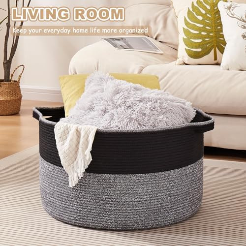 OIASKET Large Blanket Basket with Handles, 22.8" x 22.8" x 13" Woven Storage Basket for Living Room, Cotton Rope Baby Toy Storage for Clothes, Pillows, Towels-Black and Grey - color: Black & Grey, size: 90L