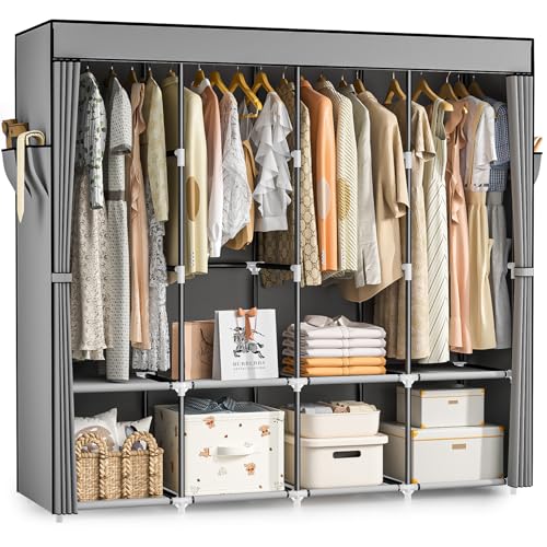 Neatrays Portable Closet, 66 Inch Large Capacity Wardrobe for Closet Organizers and Storage with Non-Woven Fabric Cover, 4 Hanging Rods, 8 Shelves(Grey) - color: Grey, size: 4 Row - 67"Wide