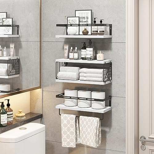 Fixwal Wall Mounted Bathroom Shelves Over Toilet, Rustic Wood Floating Shelves with Metal Frame and Towel Bar for Bathroom, Kitchen, Bedroom, Living Room (White) - color: 4-white