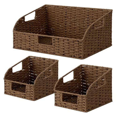 StorageWorks Paper Rope Pantry Storage Baskets, Wicker Baskets with Built-in Handles, Handwoven Shelf Baskets for Organizing, Pantry Organizers and Storage, Brown, 3 Pack - color: Dark Brown(Paper Rope), size: 17"L x 11"W x 7½"H + 2x 7½"L x 9½"W x 6¾"H