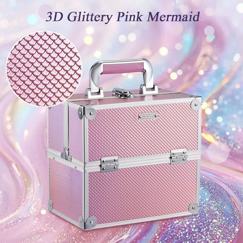 Frenessa Makeup Case Makeup Box Cosmetic Organizer Case Portable Make Up Artist Travel Case Storage Box 4 Trays with Dividers Lockable Hard Train Case Nail Tech Supply Storage Mermaid Pink - color: Pink