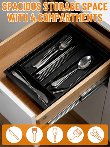 Silverware Drawer Organizer Tray, Adjustable Small Utensil Holder for Spoon and Fork, Expandable Flatware Cutlery Tray for Kitchen Drawers (Black) - color: Black