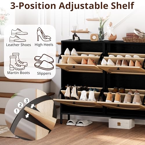 IRONCK Rattan Shoe Cabinet Storage with 4 Flip Drawers, Freestanding Shoe Storage Organizer Cabinet for Entryway, Narrow Shoe Rack Cabinet, Black - color: Black
