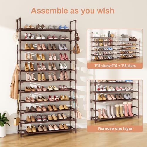 LANTEFUL 11 Tiers Tall Shoe Rack Holds 55 Pairs of Shoes with 18pcs Hooks Sturdy Wide Shoe Organizer Storage Free Standing Metal Shoe Shelf for Closet, Entryway Brown - color: Brown, size: 11 Tier-74.8" High-34" Wide