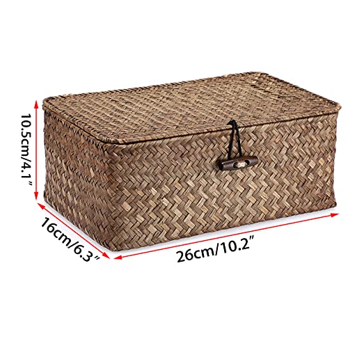 Hipiwe Wicker Shelf Baskets Bin with Lid, Handwoven Seagrass Basket Storage Bins Rectangular Household Basket Boxes for Shelf Wardrobe Home Organizer, Coffee Small - color: Coffee, size: Small