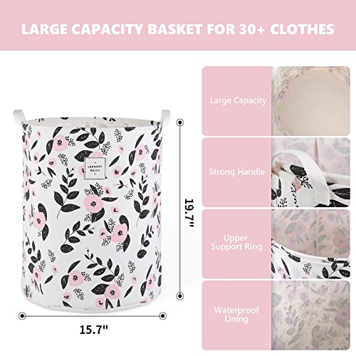 Large Foldable Laundry Basket Hamper Holder Portable Tall Collapsible Laundry Hamper Nusery Storage Basket Bin with Handles, Canvas & Waterproof lining for Household Items (Floral Pink) - color: Floral Pink