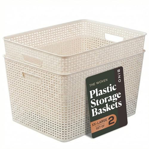 BINO | Plastic Storage Baskets, 45 Liter - 2 Pack, Natural | THE WOVEN COLLECTION | Storage Basket for Shelves | Woven Storage Baskets for Organizing Bins | Pantry Shelf Organizer | Container Bin - color: Natural, size: 45L | 2-Pack
