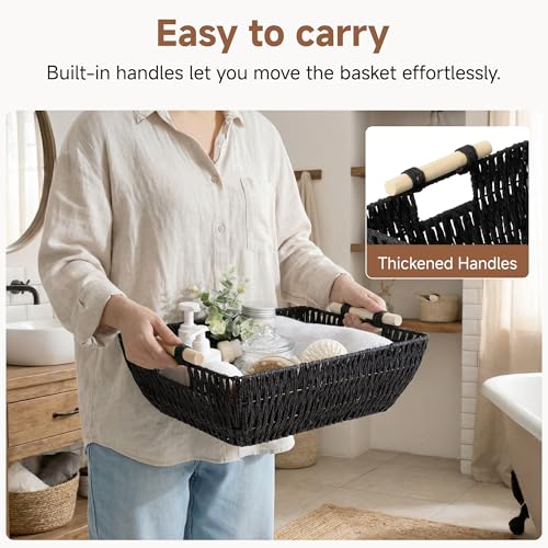 StorageWorks Large Wicker Storage Basket for Organizing, Toilet Paper Baskets for Shelf, Paper Rope Storage Baskets with Wooden Handles, Black, 2-Pack - color: Black, size: Large