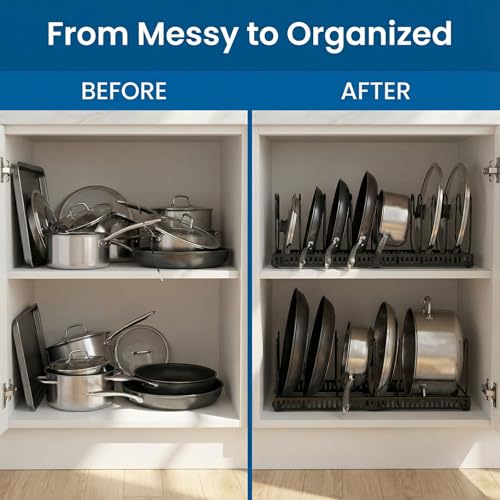 Expandable Pot Rack Organizer for Cabinet, Wave Slot Carbon Steel Pot & Pan Holder with 10 Adjustable Slots, Heavy Duty Cookware Storage for Pans, Lids, Bakeware, Countertop or Under Sink, Black