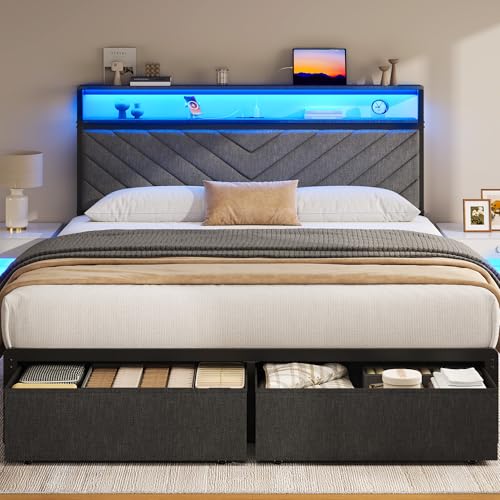 Fluest Queen Bed Frame with 2 Drawers, Upholstered Headboard with Storage and Charging Station, LED Lights, Fabric Drawers with Wheels, Under Bed Storage, No Box Spring Needed, Easy Assembly, Grey - size: Queen